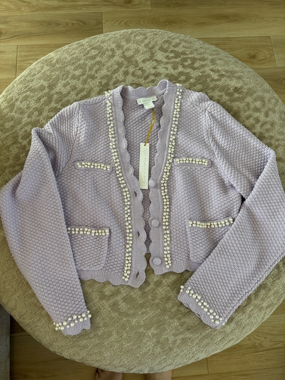 House of Harlow Lavender Pearl-Trim Knit Cardigan L